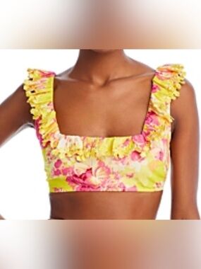 Hemant & Nandita  Embroidered Ruffle Neck Tank Cropped, Yellow, Medium $243